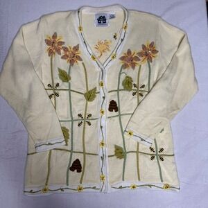 Vintage Storybook Knits Bee Flower Embroidered Cardigan Vest Set Women's M